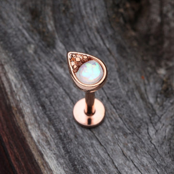 Detail View 1 of Rose Gold Opalescent Teardrop Top Steel Labret-White